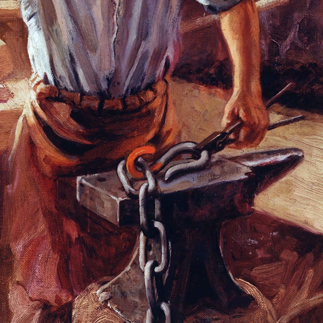 Dipinto di Walter Haskell Hinton raffigurante John Deere al lavoro nella sua officina di fabbro