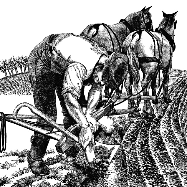 Illustrazione al tratto raffigurante un coltivatore che raschia il terriccio dal suo aratro in acciaio