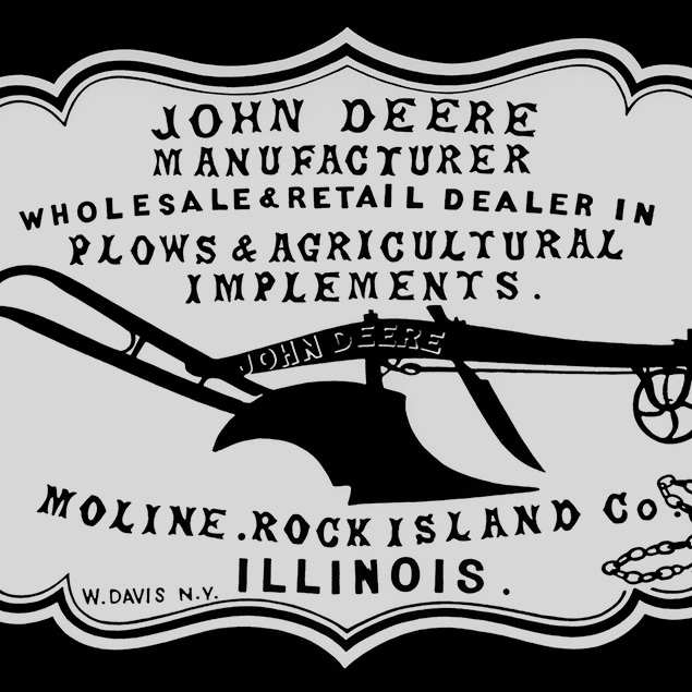 Storica pubblicità di un concessionario del 1855 recante la scritta “John Deere Manufacturer, wholesale & retail dealer in plows & agricultural implements. Moline, Rock Island Co. Illinois”
